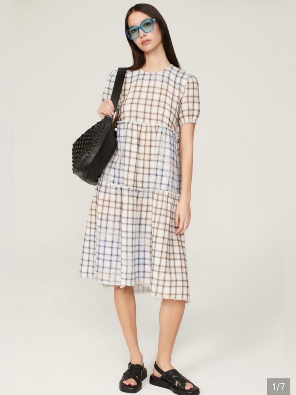 R13 Plaid Tiered Midi Dress in Beige and Light Blue, size medium